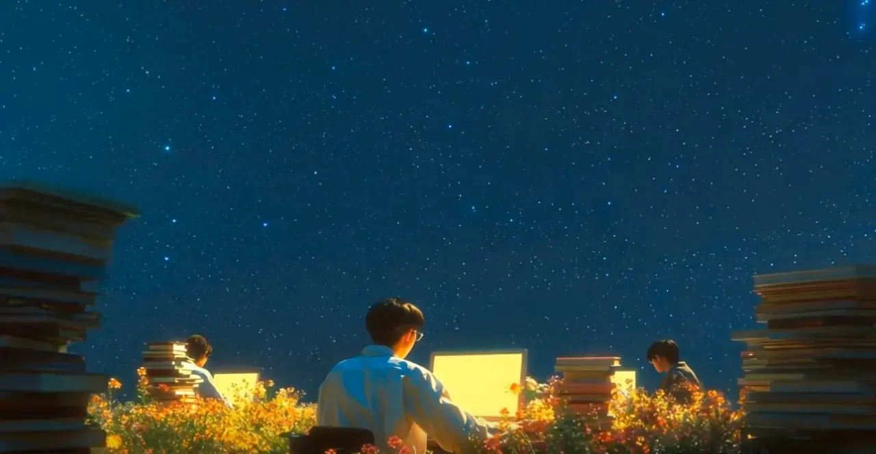 People working among books beneath a night sky